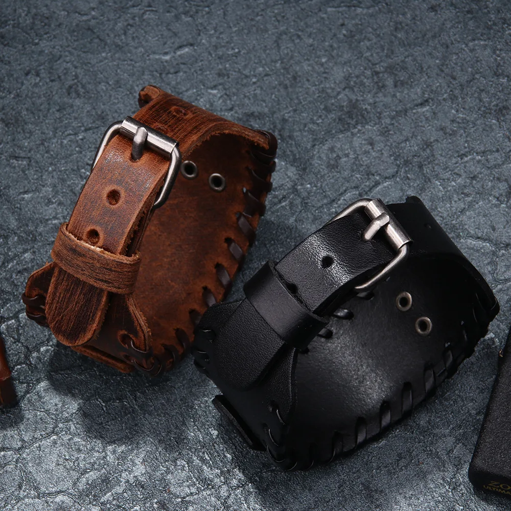 

Popular Men's Alloy Wolf Head Accessories Wide Leather Bracelet New Woven Bracelet Manufacturers Wholesale Leather Jewelry Punk