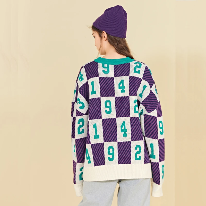 Loose New Vintage Fashion Women Winter Sweater Digital Jacquard Square Lattice Stripe Long Sleeve Ladies Thick Warm Knitted Tops |