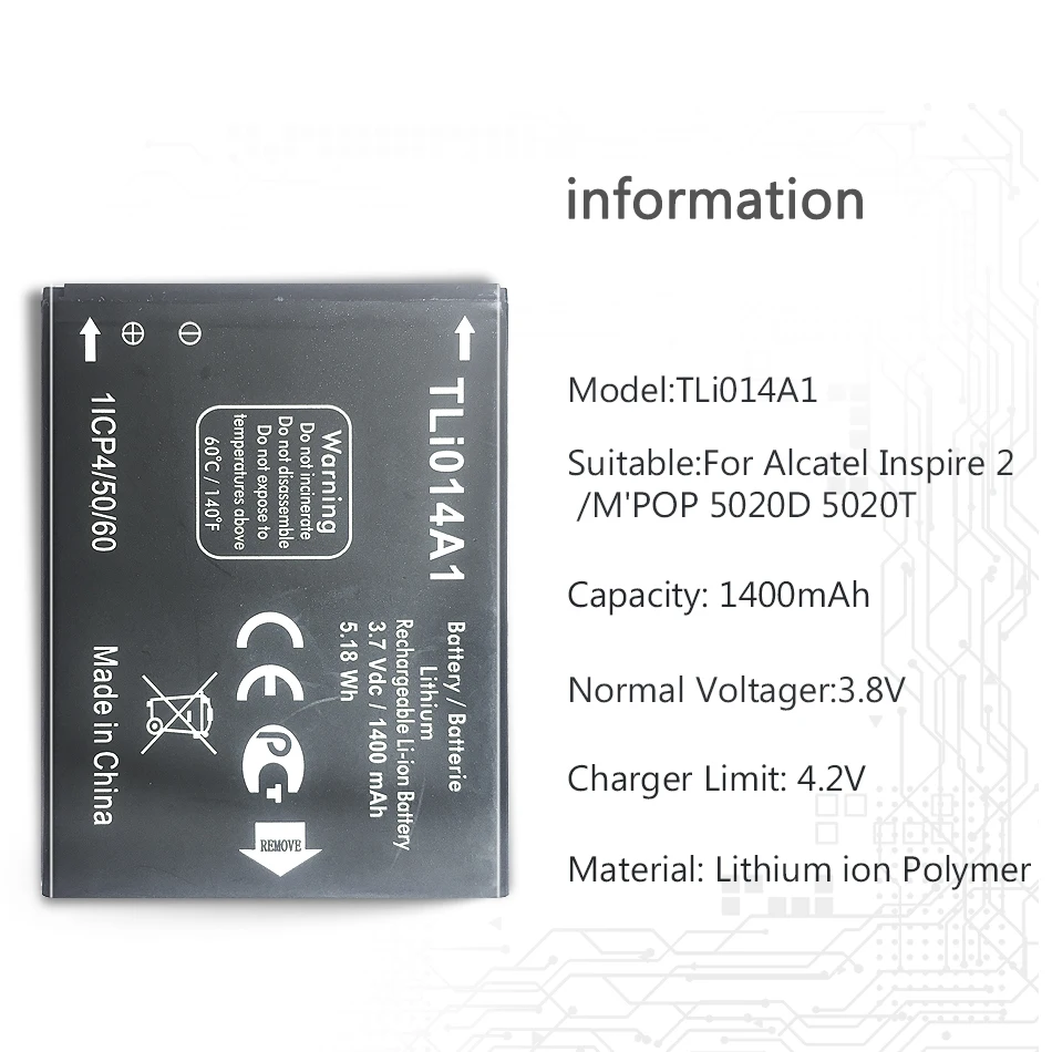 Аккумулятор Tli014A1 для Alcatel 'pop 5020 5020D Fire 4012 4012A 4012X 4007D Pixi 3 4 5 &quot4027 4027D /A 4027X 4010 4010D 1400