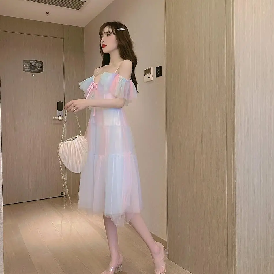 

Summer Dress Women 2021 Flying Sleeve Sleeve Sexy V Neck Rainbow Banquet Party Vestido De Mujer Vintage Slim A Line Dresses