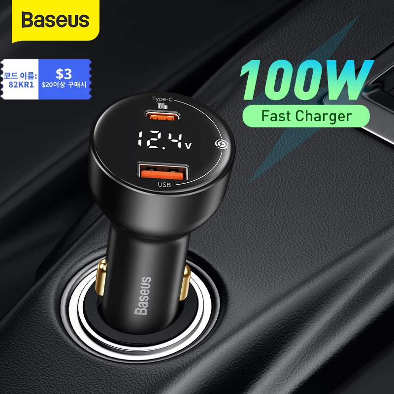 

Baseus 100W Car Charger Dual Port USB Type C Quick Charger Digital PPS QC PD 3.0 Laptop Phone Charger For iPhone 13 12 Xiaomi