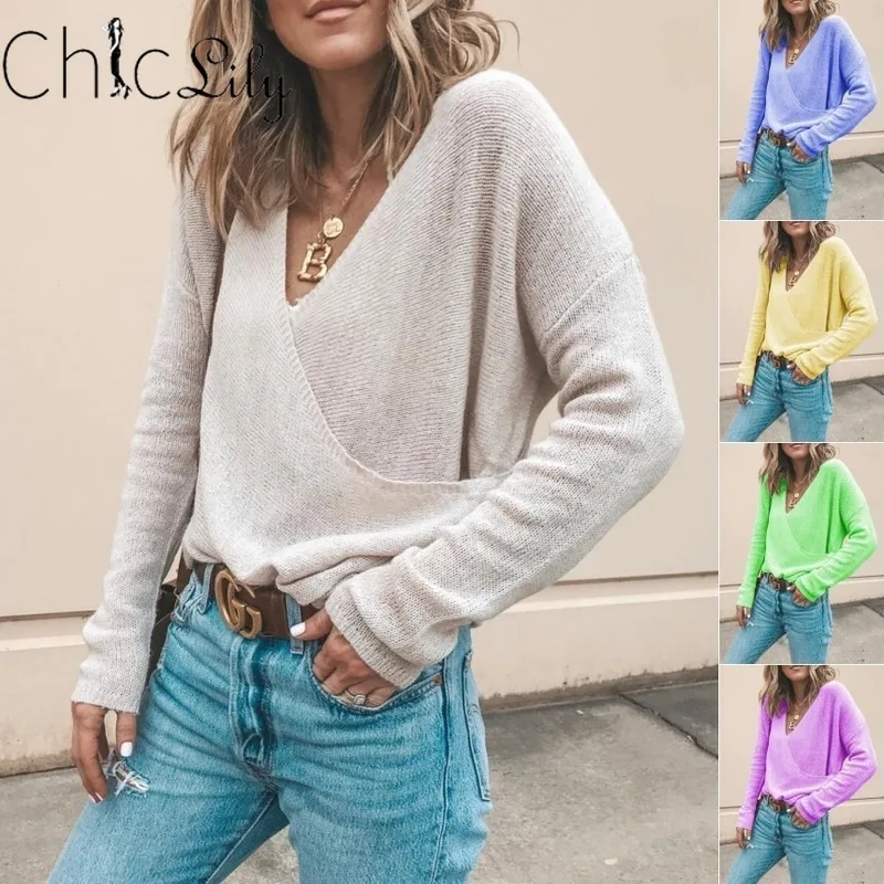 

Chiclily Casual Sweater Solid Color Long Sleeve V-Neck Girls Knitted Criss-Cross Sweaters