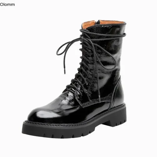 

Olomm/Новые Модные женские кожаные ботильоны, ботинки-мартинсы на плоской подошве, элегантные черные вечерние модельные туфли с круглым носко...