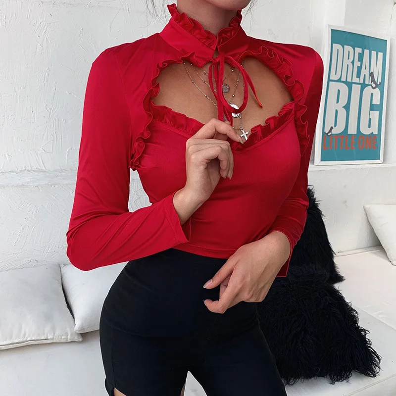 Сексуальные топы с красным бантом и рюшами Лоскутные Топы 2020 новая женская