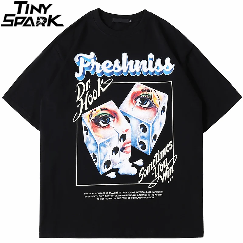 

Hip Hop Oversize T-shirt 2021 Men's Harajuku Letter Dice Print T-shirt Black Polyester T-shirt