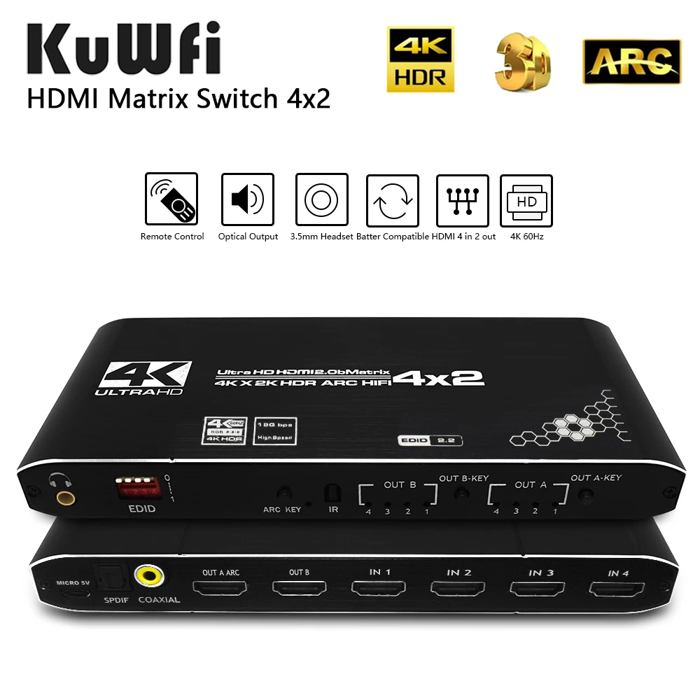 KuWFi HDMI 2 0 матрица 4x2 4K60Hz переключатель сплиттер HDCP2.2 EDID 4K x 2K HDR ARC HIFI SPDIF COAX 3 5 мм