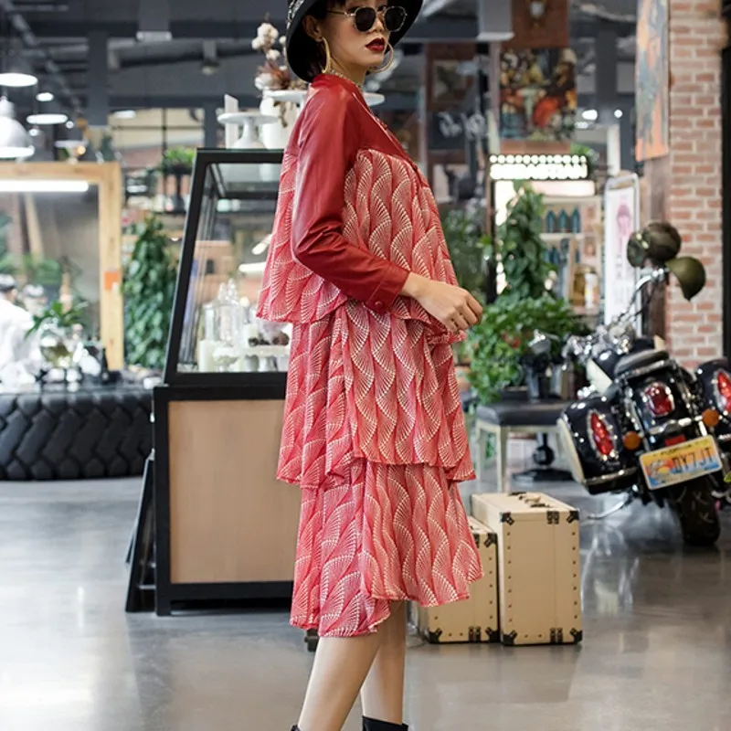 Genuine Leather Patchwork Chiffon Floral Dress Women Spring New Vintage Red Midi Dresses Elegant O-Neck Ruffles Party Vestidos | Женская