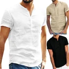 Рубашка мужская с воротником-стойкой, однотонная хлопково-Льняная футболка с коротким рукавом, Повседневная Уличная одежда, для лета