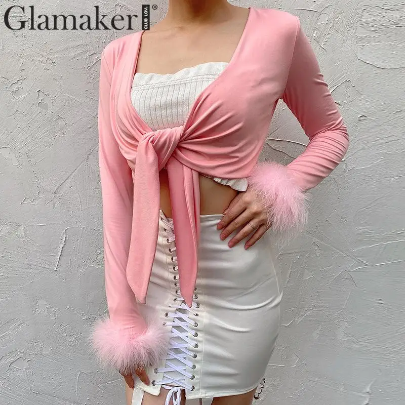 Glamaker розовая с узелком рукавом перьями короткая женская блузка бандаж модная