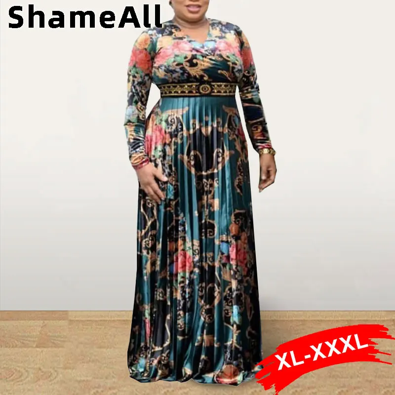

Africa Plus Size Wrap V Neck Long Sleeve Vintage Floral Print Pleated Gown Dresses 3XL Luxury Sequined Dashiki Long Maxi Dress