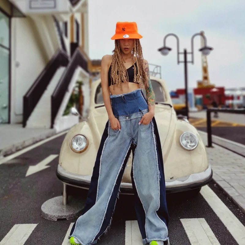 

2020 Hot Sale Full Length Women Denim Spliced Flare Pants High-waist Loose Lady Wide Leg Long Trousers Size S-2XL Free Shipping