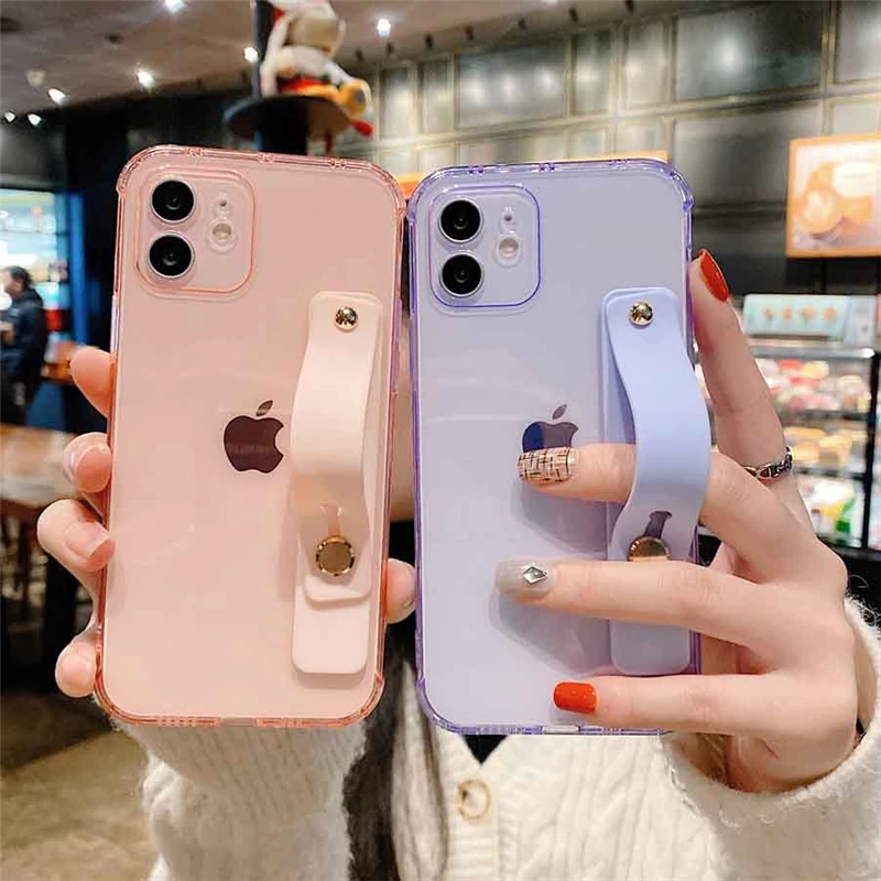 

Candy Color Wristband Phone Holder Case For iPhone 13 12 11 Pro Max XS Max 7 8 Plus X XR 12 Mini SE 2020 Shockproof Clear Cover