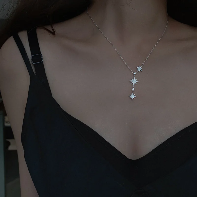 OBEAR Women's Zircon Star Pendant Necklace Silver Plated Choker for Wedding Party Jewelry Gift image 4
