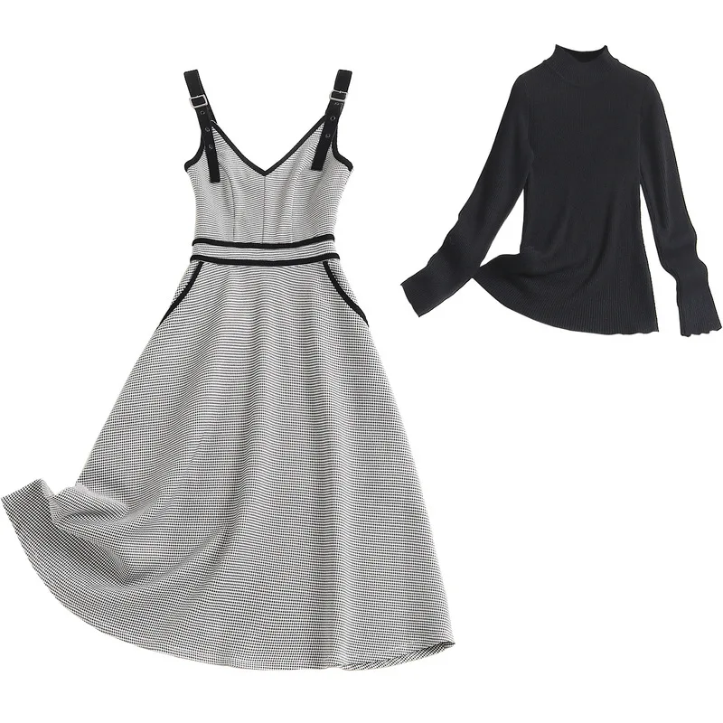 

2020 Winter Woolen Skirt Knitted Sweatshirt Black O Neck Two Piece Fall Suits Fashion Lady Houndstooth Slip Dress Women