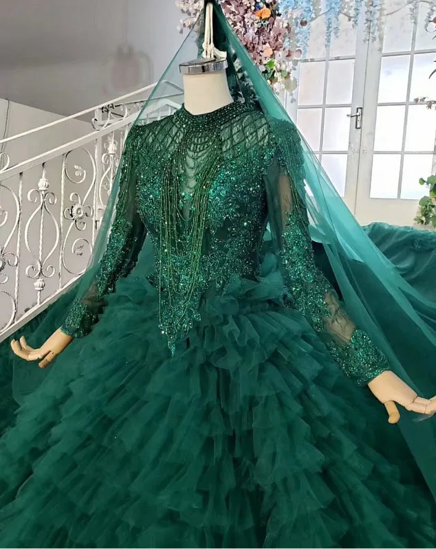 Темно-зеленое с длинным рукавом свадебные платья Цепочки и ожерелья элегантные