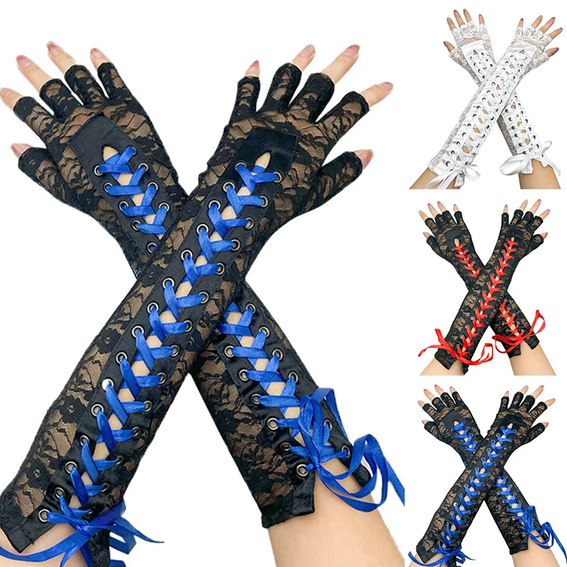 

Adjustable Sexy Lace Gloves Elbow Length Long Lace Mittens Half Finger Gloves Fingerless Ribbon Fishnet Mesh Bridal Party Gloves