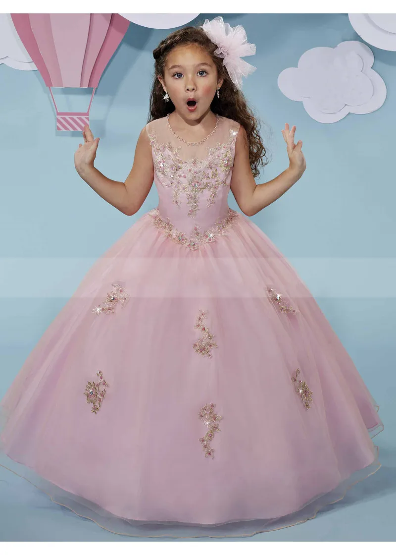 

Pink Round Neck Beaded Button Back Tulle Floor Length Flower Girl Dress Children Ball Gown Pageant Dress