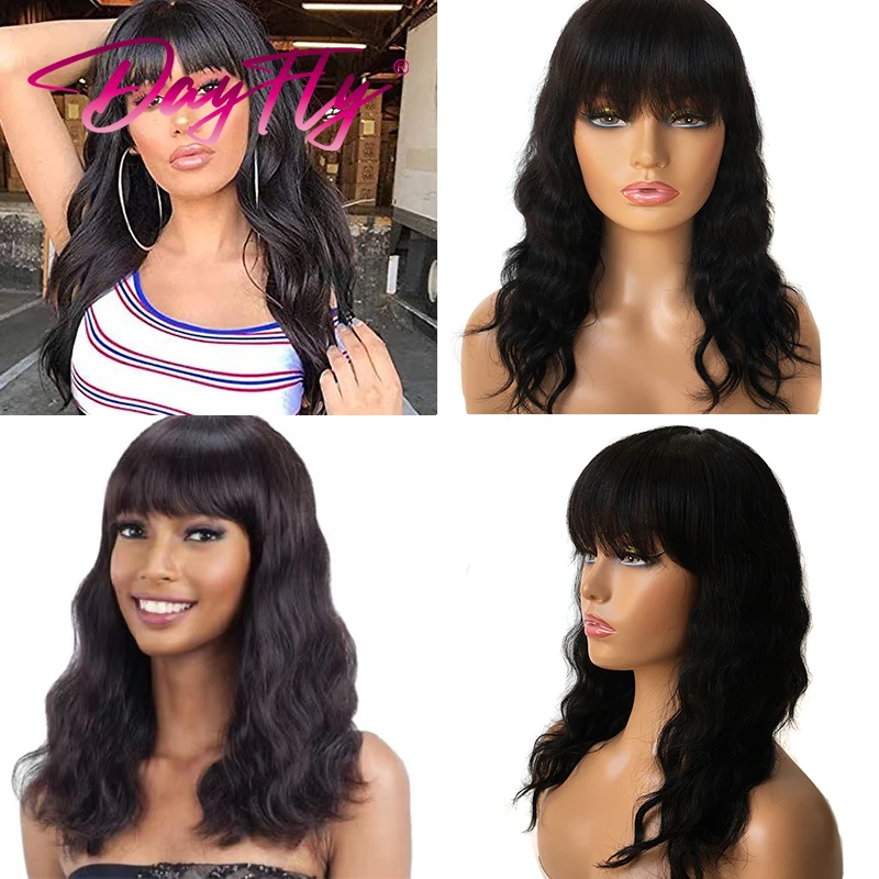 

Brazilian Full Machine Made Human Hair Wig With Bangs 20 Inch Natural Wave Colored Human Hair Wigs T1B 30 Bug Glueless Wig Remy