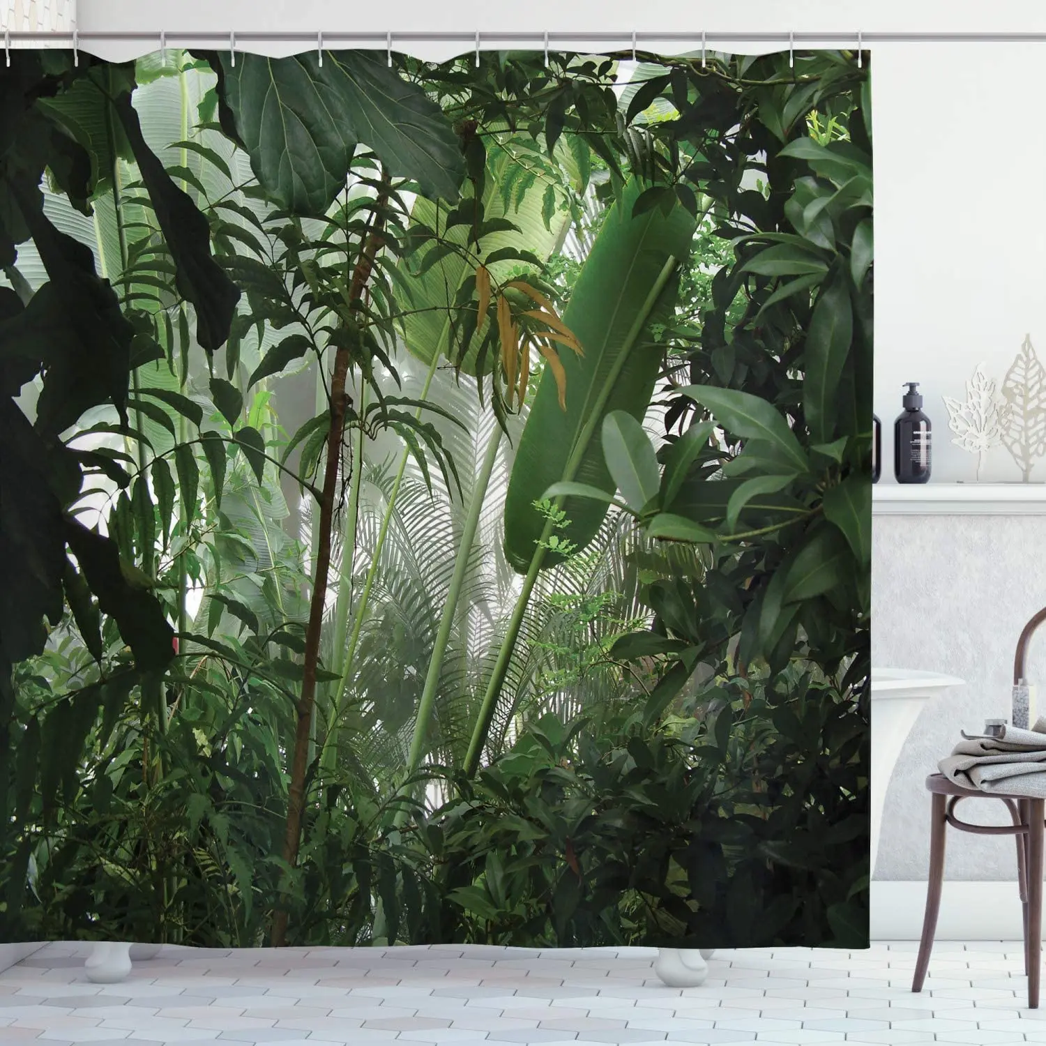 

Green White Rainforest Shower Curtain Tropical Rainforest Preservation Humidity Palm Tree Wild Environment Misty Nature
