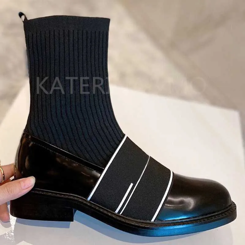 

High Quality Brand Stretch Slim Ankle Boots Women Genuine Leather Round Toe Chelsea Boots Large size Woman Slip On Elastic Boots