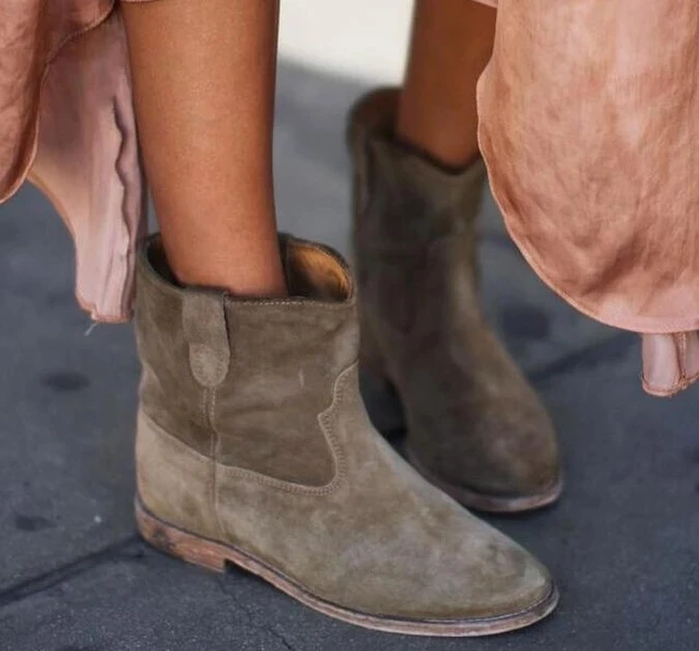 

2020 Suede Leather Women Biker Boots Calfskin Motorcycle Shoes Flat/ Height Increasing Heels Retro Cowboy Pleated Ankle Boots