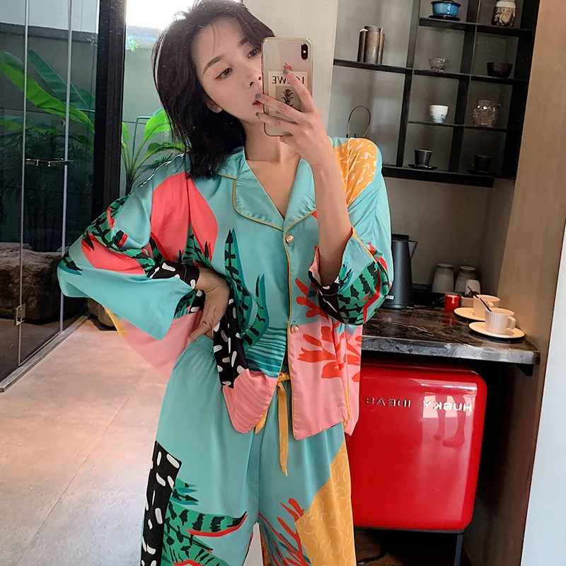 Women Silk Pyjamas Femme Satin Pijama Sleepwear Long Sleeve Fashion Pajamas for girl Nightwear Suit Home New 2021 Home Clothes