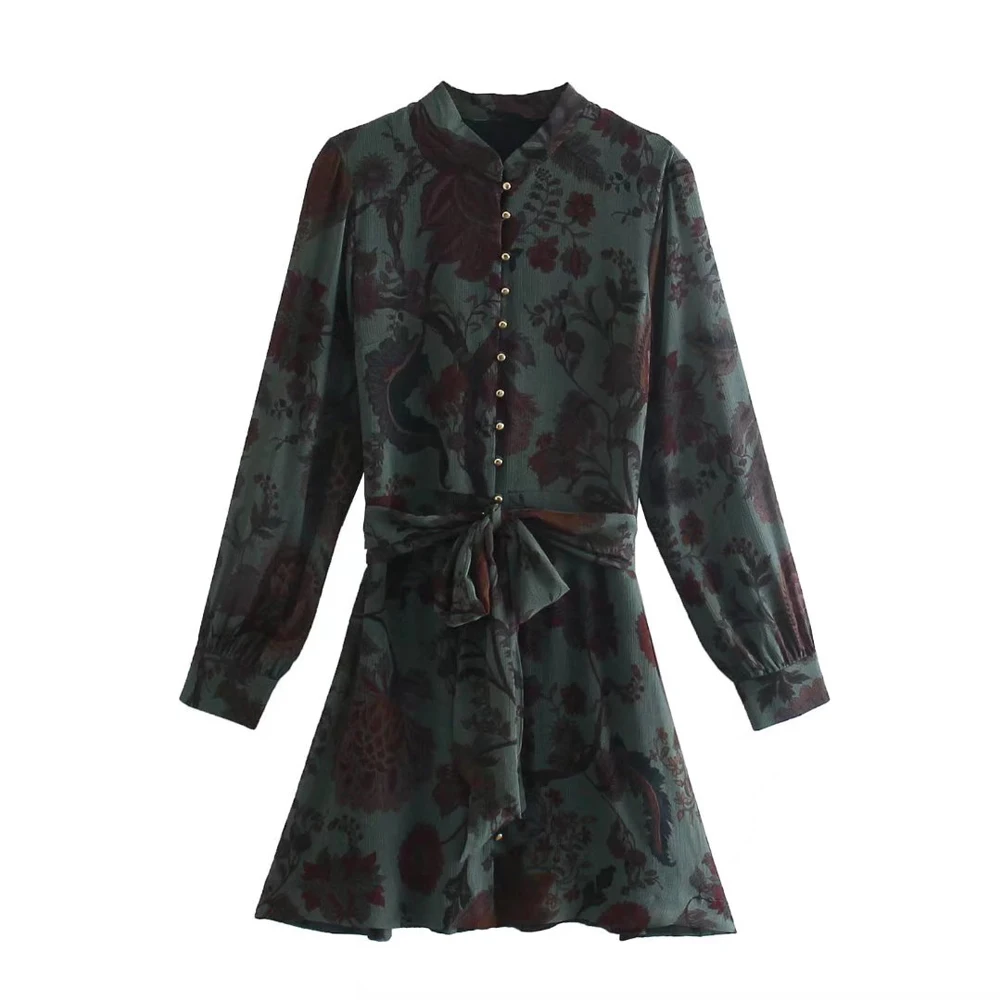 

Women Chic Fashion With Belt Floral Print Mini Dress Vintage Long Sleeve Front Buttons Female Dresses