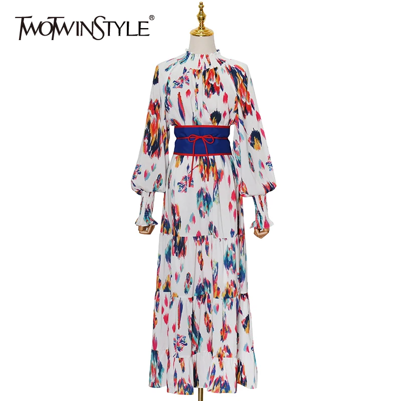 

TWOTWINSTYLE Colorblock Boho Dress High Waist Bowknot Lace Up Stand Collar Graphic Long Dresses Female 2021 Spring Clothing New