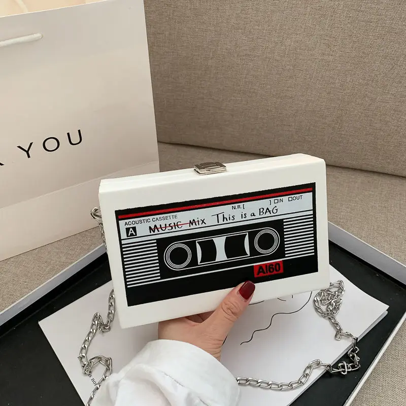 

Women Pu Leather Shoulder Bag Girls Small Box Shape Handbags Women Chain Messenger Bags Ladies Fashion Tape Print Pattern Bag