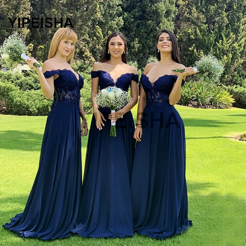 

Женское шифоновое платье подружки невесты, темно-синее ТРАПЕЦИЕВИДНОЕ ПЛАТЬЕ до пола с открытыми плечами, кружевной аппликацией и V-образны...