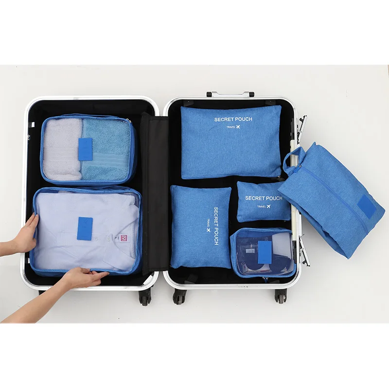 Blue-Travel bag HMUNII упаковочный органайзер для нижнего белья Кубики Обуви Сумки для белья мешки для белья чемодан для путешествий, органайзер для хранения 7 комплектов серый - Цвет: Blue-Travel bag