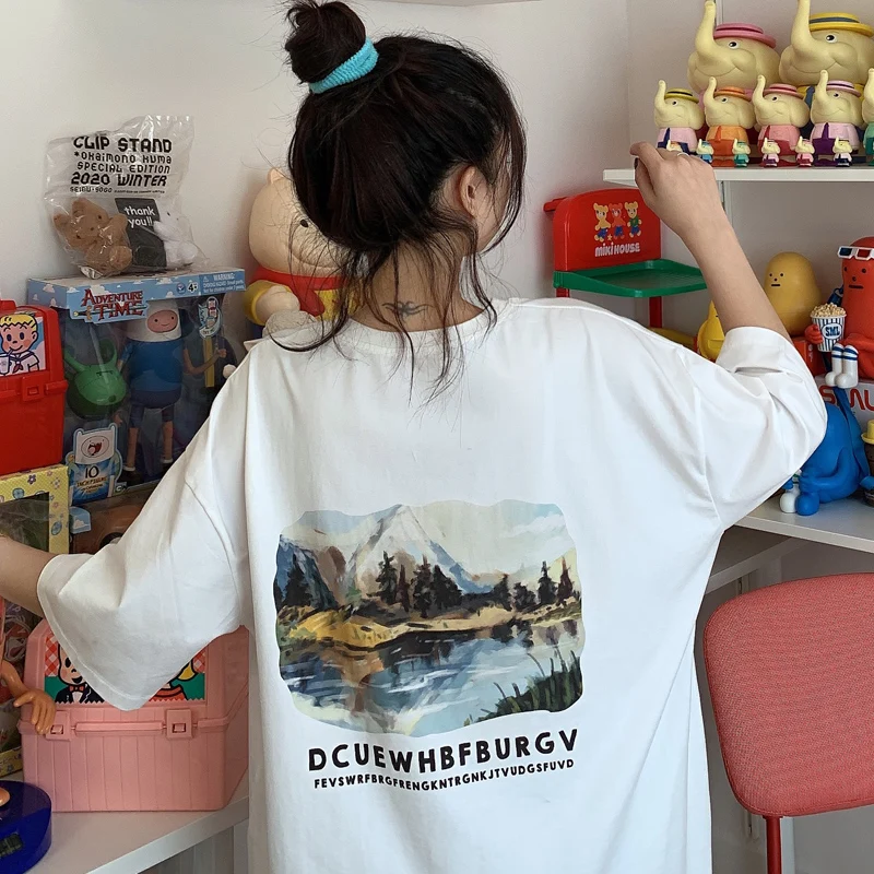 

Casual Cartoon Print Oversized T Shirt Women Tops Short Sleeve White Summer T-Shirt Landscape Female Harajuku Loose Tee Shirt