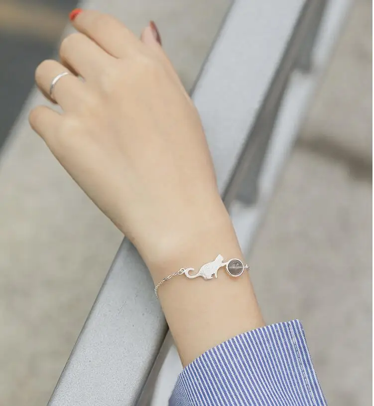 Мода 925 стерлинговый серебряный с лунным камнем кошка Шарм браслет и для женщин