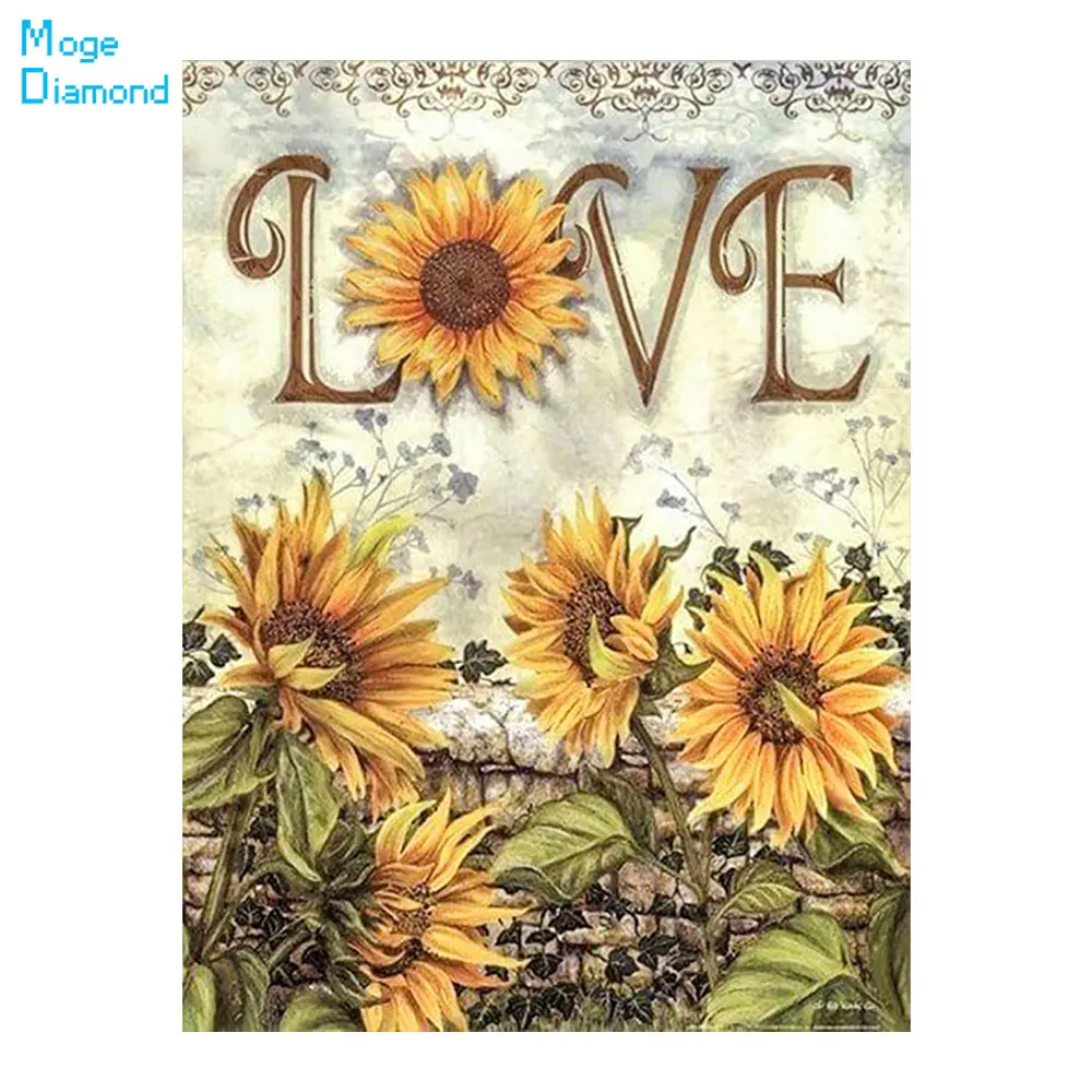 

Love Word Sunflower Yellow Retro Diamond Painting Round Full Drill Nouveaute DIY Needlework Mosaic Embroidery 5D Cross Stitch
