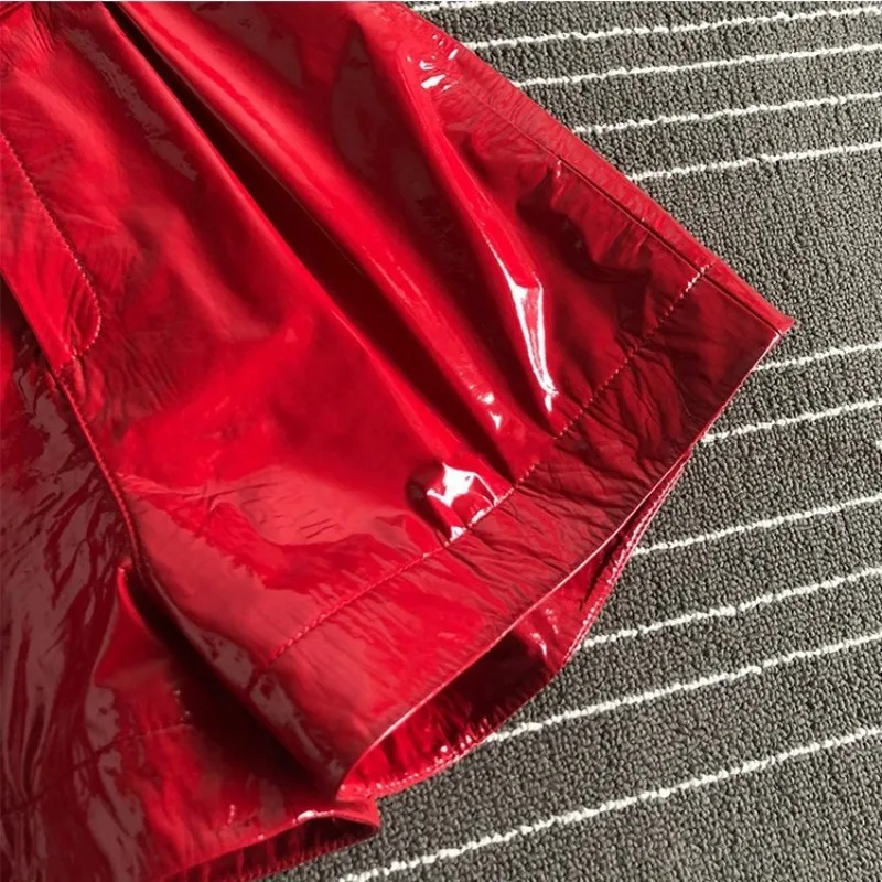 Genuine Street Women Leather Sheepskin Shorts Fashion High Waist Wide Leg Shorts Brand Red Black Sashes Casual Shorts Female