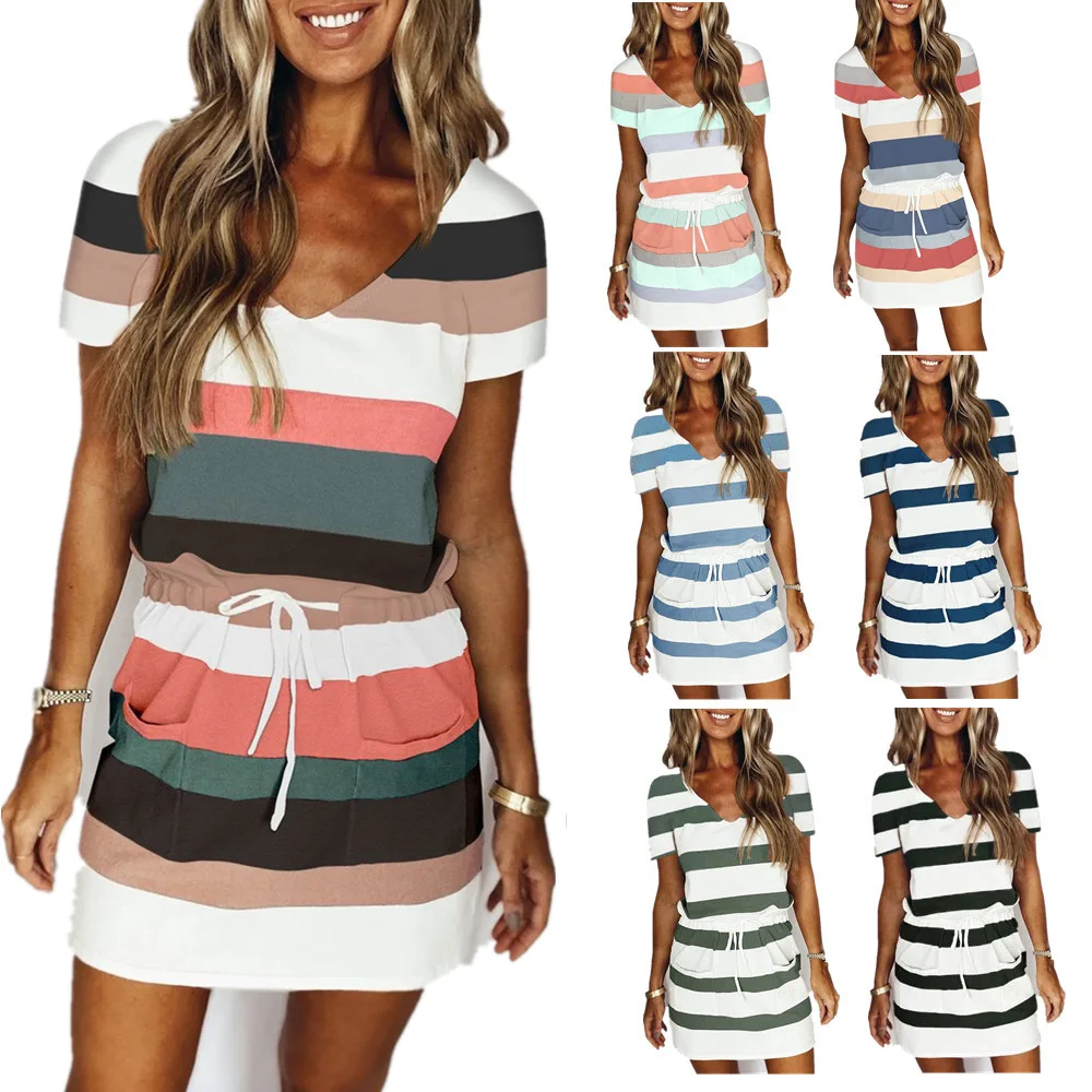 

2021 Summer New Style Short Sleeve Striped Dress Women Drawstring Color V-neck Mini Dress Women Wholesale
