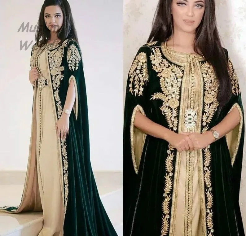 Tradition Morrocan Caftan Evening Dress Indian Turkey Long Dubai Evening Gowns With Appliques Lace Dark Green Velvet Prom Dress