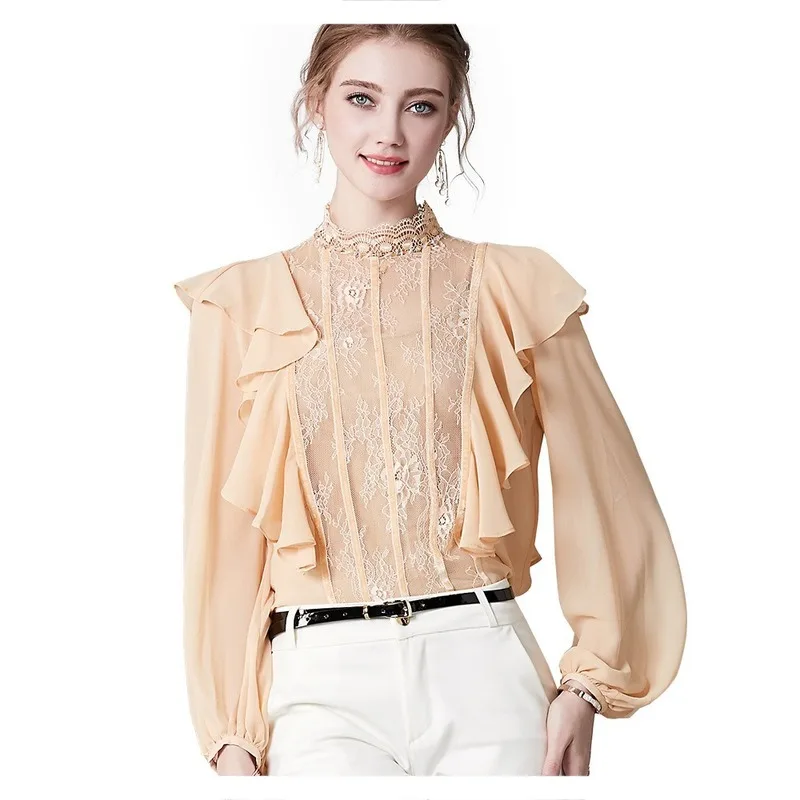 

French Court Style Stand Collar Beaded Silk Shirt Women's Long Sleeve Ruffle Lantern Sleeve Top 2020 Fashion New Style