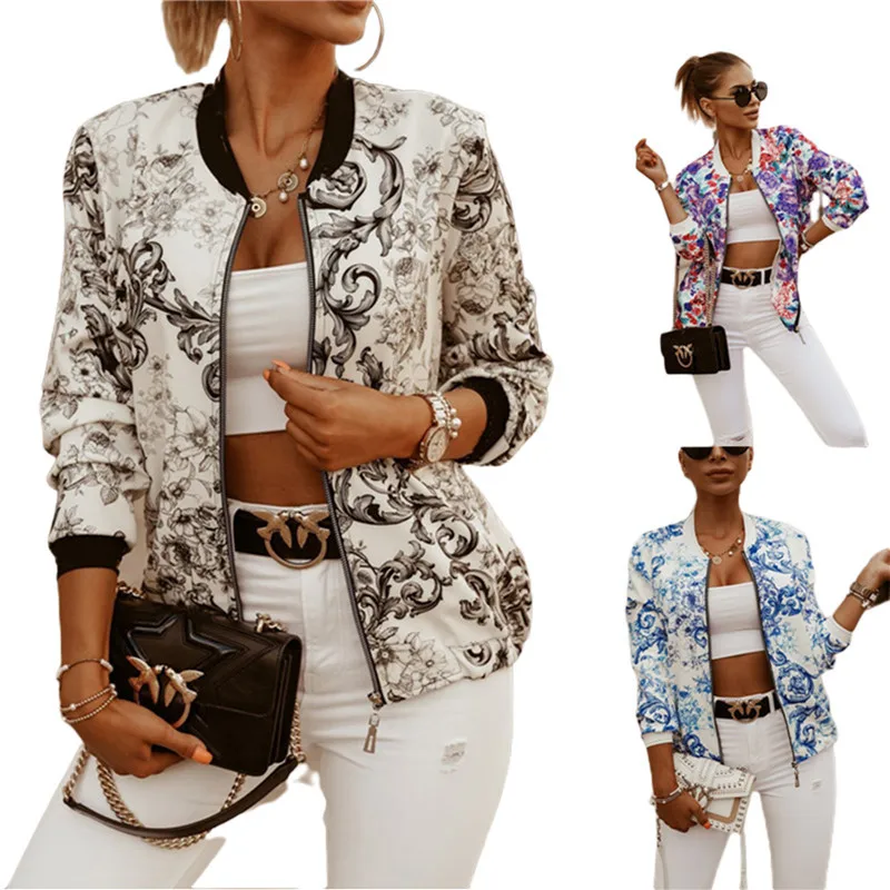 

2020 New Fashion Women's Bomber Print Jacket Long Sleeve Basic Jacket Coats Women Casual Thin Slim Female Jackets Clothes