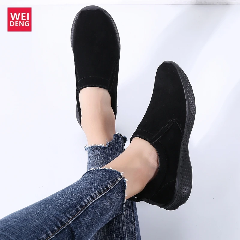 WeiDeng Women Flock Casual Shoes Leisure Retro Wedges Non Slip On Breathable Light Worm Soft Female Increased 3.5cm | Обувь