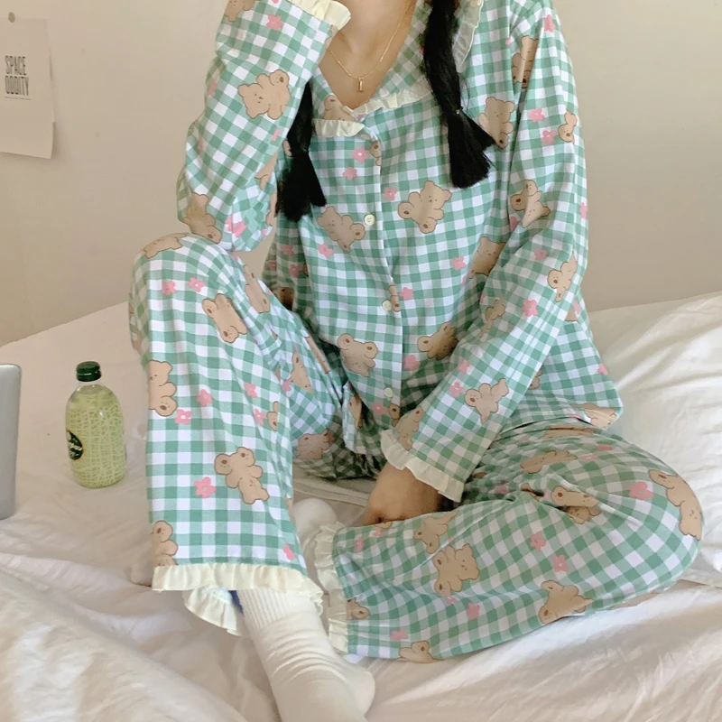 

Женская Роскошная клетчатая Пижама JRMISSLI с длинным рукавом, нижнее белье, Хлопковая пижама, Женская домашняя одежда, 2 предмета, пижамы