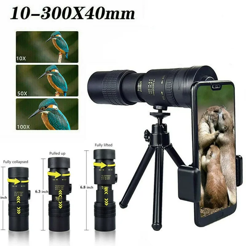 

Монокулярный телескоп с призматической линзой BAK4, супертелескоп с зумом для пляжа, кемпинга, бинокль, 4K, 10-300x40 мм