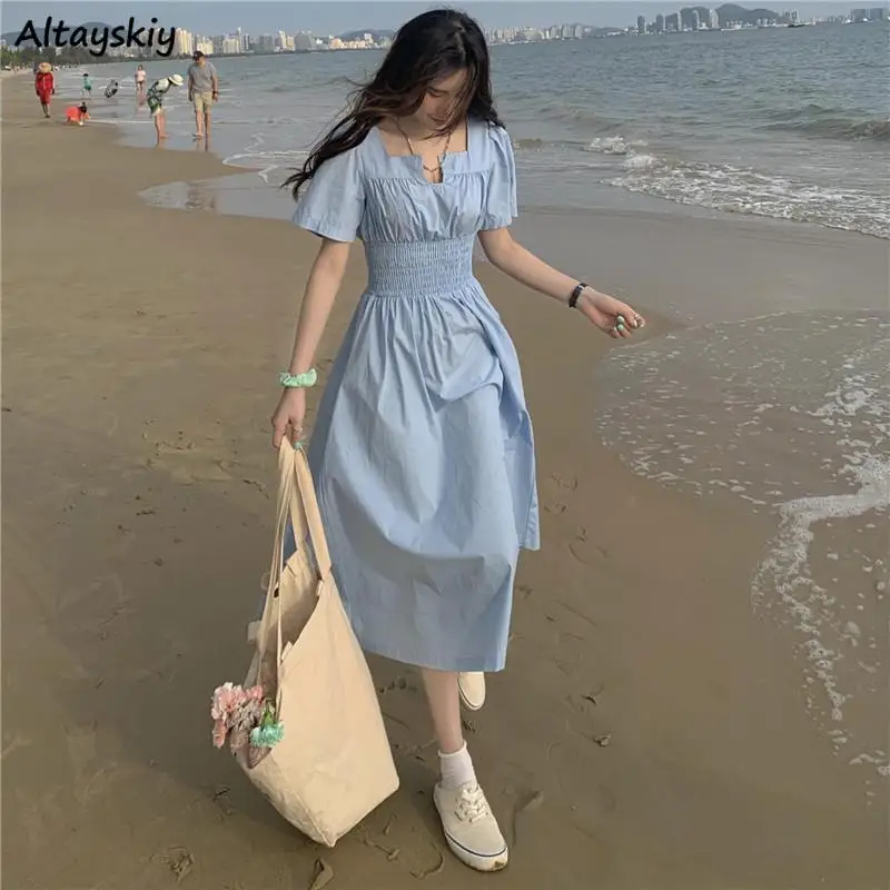 

Blue Maxi Dresses Women Summer Thin Empire Sweet French Mujer Ladies Cool Ins Streetwear Design Female Vestido Feminino College