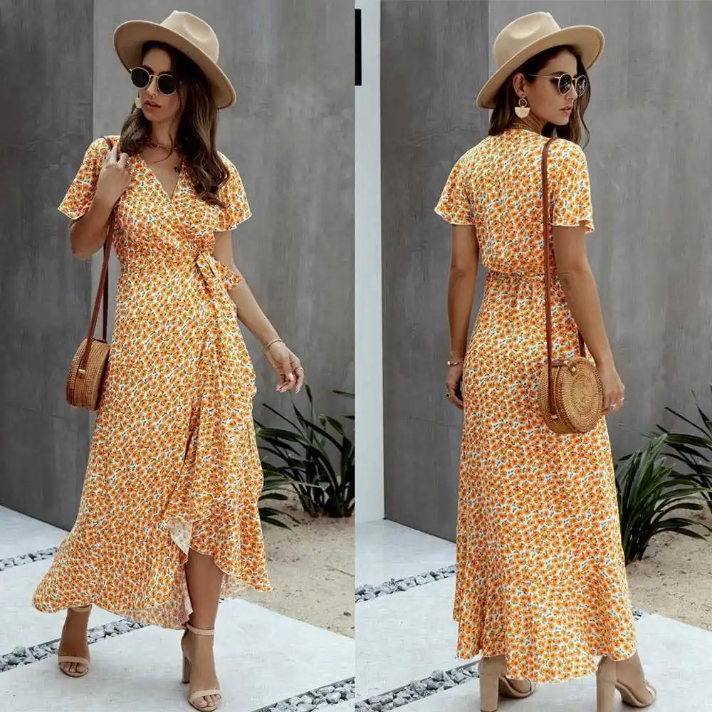 

Summer Maxi Dresses Women Polka Dot Sexy V Neck Ruffles Short Sleeve Long Beach Sundress Ladies Lace Up Wrap Party Dress