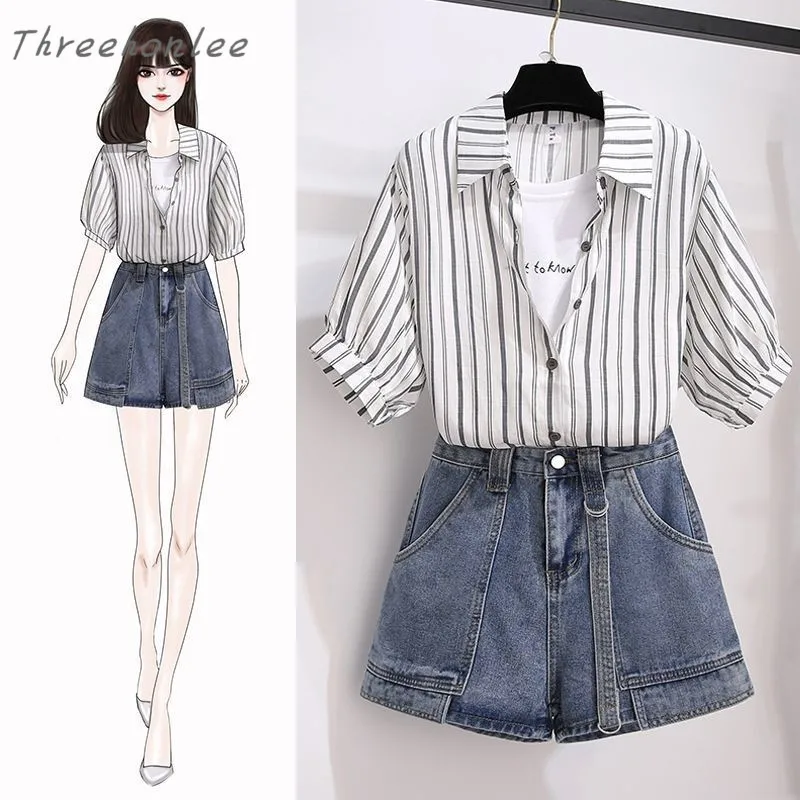 

Женский джинсовый костюм с пышными рукавами, повседневный костюм из двух предметов в полоску, рубашка с имитацией рубашки и джинсовые шорты...