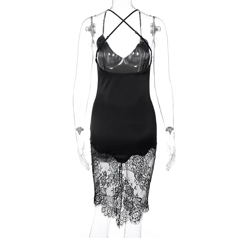

Missakso Backless Patchwork Lace Dress 2021 Summer Black Women V-Neck Elegant Sexy Bodycon Spaghetti Strap Midi Dresses Party