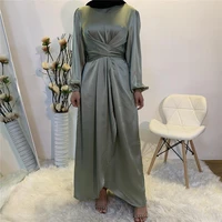 eid satin abaya dress muslim women solid color wrap front no slit long sleeve ruffles maxi dress summer dubai turk modest wear