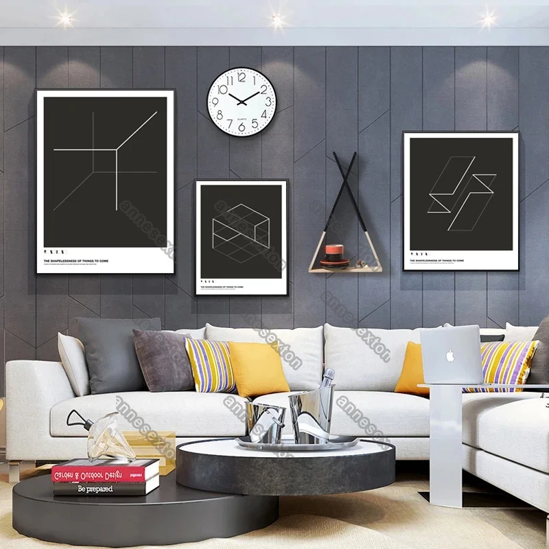 

Black Background and White Lines Formed Solid Geometric Pattern Modern Style Canvas Painting Posters for Home Rooms Wall Decorat