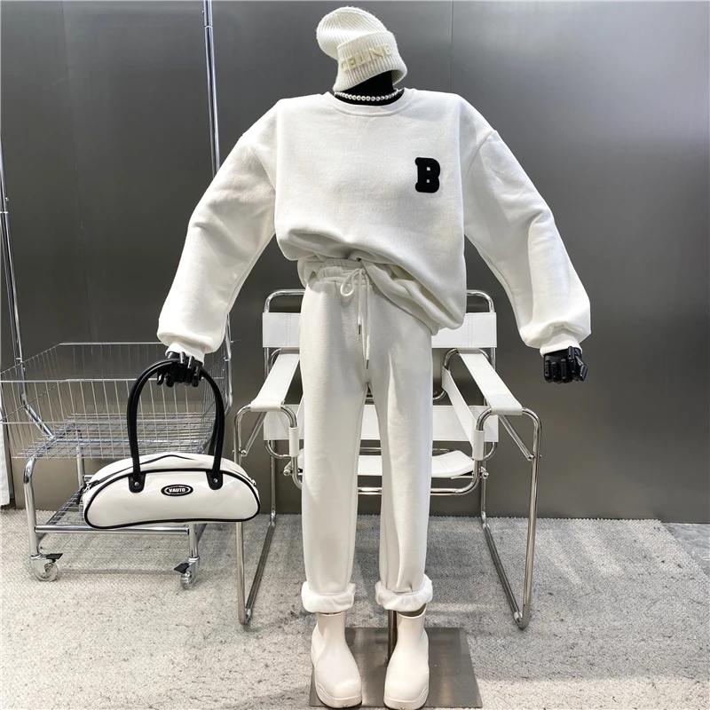 

Новинка 2021, Свободный пуловер с круглым вырезом и надписью из плюша и леггинсы на шнурке с высокой талией, спортивный стиль, костюм для отдых...