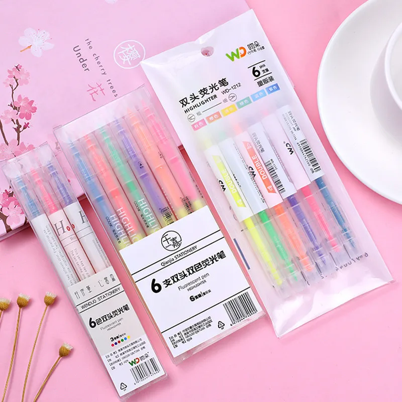 

3/6 Pcs/set Korean Dual Head Mildcolor Highlighters Art Markers Fluorescent Color Pen Fine Liner School Office Stationery